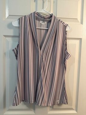 Calvin Klein Pink and Navy Striped Sleeveless V-Neck Blouse